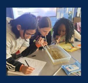 three girls doing a science experiment by blowing into a container of water