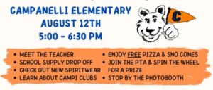 Information about Back to School Night on August 12th from 5:00-6:30 pm